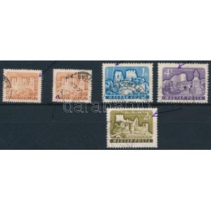 1960-1961 5 db Várak bélyeg papírránccal illetve fehér csíkkal ...