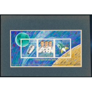 1969 Apollo 11 blokk, Gál Ferenc eredeti, rendkívül dekoratív bélyegterve, 180 x 91 mm ...