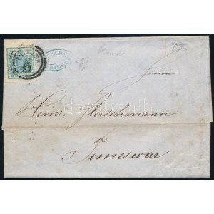 1851 9kr II. felül extra ívszéllel levélen / with margin, on cover TRIESTE - Temesvár