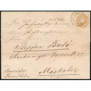 1865 15kr + 10kr (kettétépve / torn) ajánlott távolsági levélen / on registered cover W.NEUSTADT ...