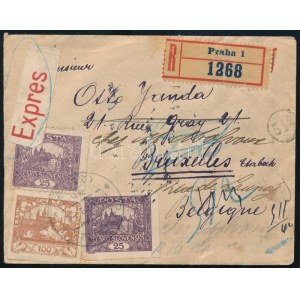 1919 Ajánlott expressz levél Prágából Belgiumba, többszörösen utánküldve ...