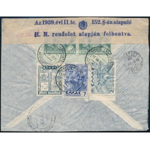 1940 Légi levél Budapestre, görög-magyar kettős cenzúrával / Censored airmai cover to Hungary