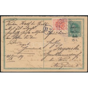 1919 Felülnyomott díjjegyes osztrák levelezőlap díjkiegészítéssel Bécsbe küldve / Overprinted Austrian PS...