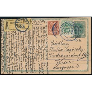 1919 Felülnyomott díjjegyes osztrák levelezőlap ajánlott küldeményként feladva Bécsbe, két bélyeges kiegészítéssel ...