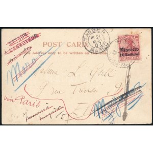 Marokkó 1907 Címnyomozott képeslap, több postai feljegyzéssel
