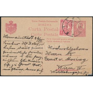 ~1920 Díjkiegészített díjjegyes levelezőlap Bécsbe (javított sarok) / PS-card with additional franking to Vienna ...