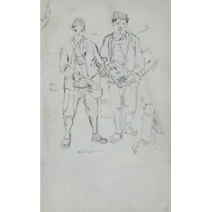 Stanisław Kaczor – Batowski (1866-1946), Rysunek przedstawiający dwóch młodych mężczyzn z tobołkami i psem oraz notatki dotyczące kolorystyki