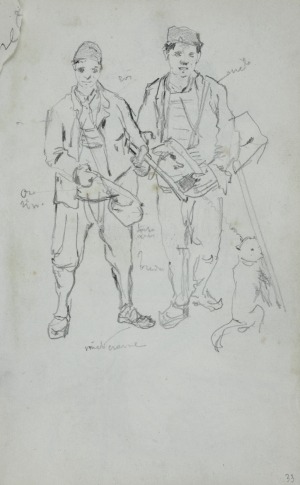 Stanisław Kaczor – Batowski (1866-1946), Rysunek przedstawiający dwóch młodych mężczyzn z tobołkami i psem oraz notatki dotyczące kolorystyki