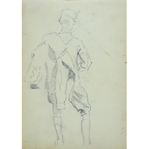 Wojciech Kossak (1856-1942), Ułan z kurtką przewieszoną na ramieniu-ujęty z tyłu ołówek, papier; 21x15 cm