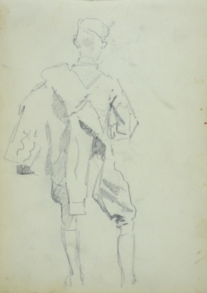 Wojciech Kossak (1856-1942), Ułan z kurtką przewieszoną na ramieniu-ujęty z tyłu ołówek, papier; 21x15 cm
