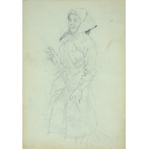 Wojciech Kossak (1856-1942), Dziewczyna wiejska z grabiami ołówek, papier; 21x15 cm, na odwrocie: wiejska dziewczyna ocierająca czoło