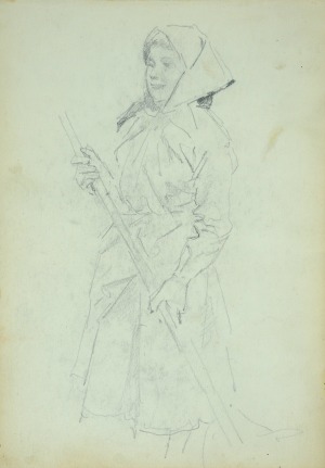 Wojciech Kossak (1856-1942), Dziewczyna wiejska z grabiami ołówek, papier; 21x15 cm, na odwrocie: wiejska dziewczyna ocierająca czoło