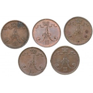 Russia - Grand Duchy of Finland 1 penni 1888, 1891, 1892, 1893, 1894 (5)