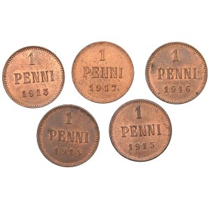 Russia - Grand Duchy of Finland 1 penni 1913, 1914, 1915, 1916, 1917 (5)