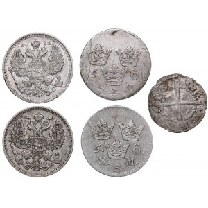 Coins 20 kopeks 1909, 1913; Sweden 5 öre 1693, 1699; Livonia Wenden Schilling (5)