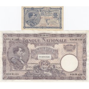 Belgium 1 frank 1920 & 100 francs 1921