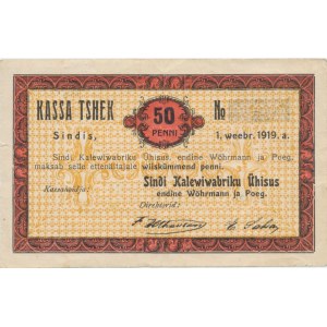 Estonian home currency Sindi Kalewiwabriku Ühisus 50 pence 1919. PROOF