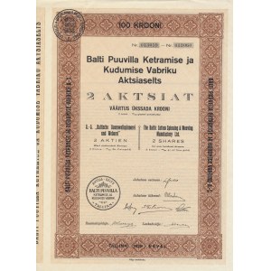 Estonia Balti Puuvilla 2 aktsiat 100 krooni 1928