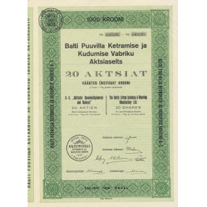 Estonia Balti Puuvilla 20 aktsiat 1000 krooni 1928