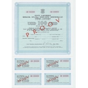 Estonian 10% domestic loan 100 USD 1992 SPECIMEN