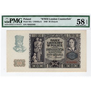 20 złotych 1940 - seria N - PMG 58 EPQ - WWII LONDON COUNTERFEIT