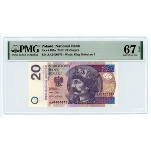 20 złotych 2012 - PMG 67 EPQ - seria AA - podpis prezesa NBP Marka Belki