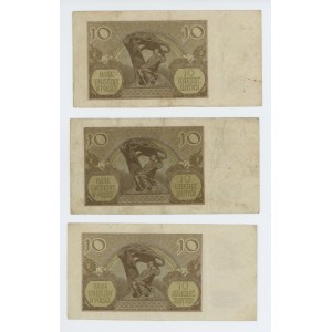 Zestaw 3 sztuk x 10 złotych 1940 - seria G, E, F - rzadsze serie