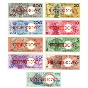 MIASTA POLSKIE, kompletny zestaw dziewięciu banknotów 1, 2, 5, 10, 20, 50, 100, 200, 500 złotych emisji 1 marca 1990 , NIEOBIEGOWY
