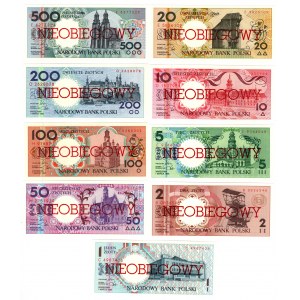 MIASTA POLSKIE, kompletny zestaw dziewięciu banknotów 1, 2, 5, 10, 20, 50, 100, 200, 500 złotych emisji 1 marca 1990 , NIEOBIEGOWY