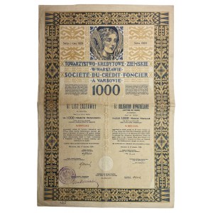 Towarzystwo Kredytowe Ziemskie - 6% list zastawny na 1.000 franków francuskich 1929, Warszawa