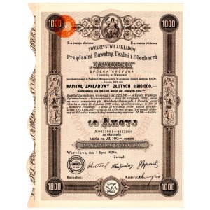Towarzystwo Zakładów Przędzalni Bawełny Tkalni i Blecharni ZAWIERCIE - II -emisja - 10 x 100 złotych 1929 -