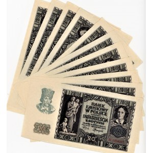 11 sztuk 20 złotych 1940 seria D z paczki bankowej