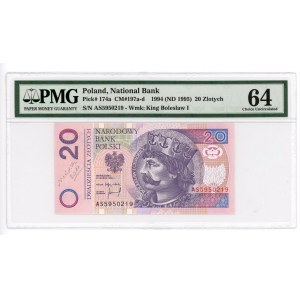 20 złotych 1994 - seria AS - PMG 64 z podpisem projektanta Andrzeja Heidricha