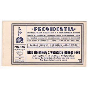 PROVIDENTIA - blok zleceniowy - Pierwszy Związek Wierzycieli R.P. Poznań lata 30 XX wieku.