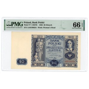20 złotych 1936 - PMG 66 EPQ - Bardzo rzadka pierwsza seria AA - 2-ga max nota