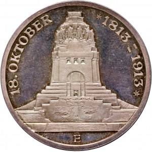 Niemcy, Saksonia, Fryderyk August III, 3 marki 1913 E, Muldenhütten, Bitwa pod Lipskiem, Stempel lustrzany, PROOF