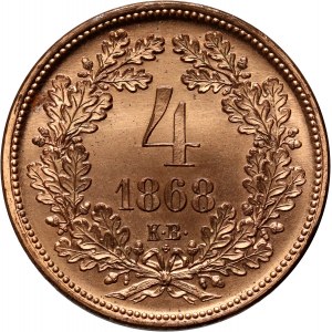 Hungary, Franz Joseph I, 4 Kreuzer 1868 KB, Restrike