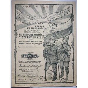II RP, Dyplom uznania za przekazanie 1000 MK na rzecz Komitetu Pomocy Inwalidom Polskim na Województwo Poznańskie, 1921