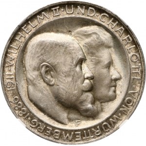 Niemcy, Wirtembergia, Wilhelm II, 3 marki 1911 F, Stuttgart, Srebrne Gody