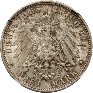 Germany, Wurttemberg, Wilhelm II, 3 Mark 1911 F, Stuttgart, Silver Wedding Anniversary