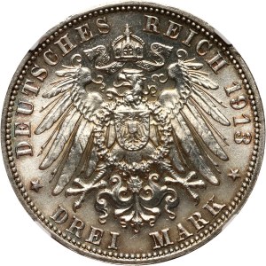 Germany, Saxony, Friedrich August III, 3 Mark 1913 E, Muldenhütten, Battle of Leipzig