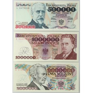 III RP, zestaw banknotów 500000 złotych 16.11.1993 (seria L), 1000000 złotych 15.02.1991 (seria E) oraz 2000000 złotych 14.08.1992 (seria B)