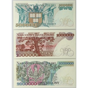 III RP, zestaw banknotów 500000 złotych 16.11.1993 (seria L), 1000000 złotych 15.02.1991 (seria E) oraz 2000000 złotych 14.08.1992 (seria B)