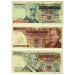 III RP, zestaw banknotów 500000 złotych 16.11.1993 (seria L), 1000000 złotych 15.02.1991 (seria E) oraz 2000000 złotych 14.08.1992 (seria B)