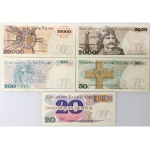 PRL, zestaw 5 banknotów, od 20 do 20000 złotych, 1975-1989