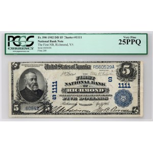 USA, Virginia, National Bank of Richmond, 5 Dollars 1902, Date Back
