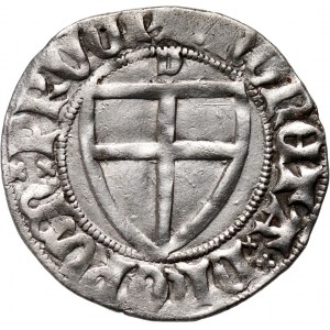 Zakon Krzyżacki, Henryk I von Plauen 1410-1414, szeląg, z literą D nad tarczą, Gdańsk