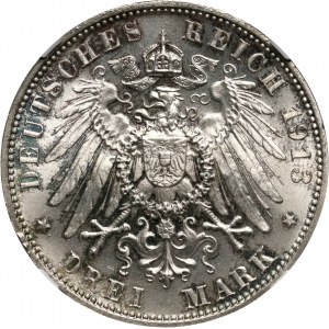 Germany, Saxony, Friedrich August III, 3 Mark 1913 E, Muldenhütten, Battle of Leipzig