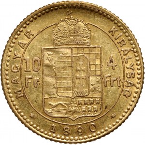 Węgry, Franciszek Józef I, 4 forinty = 10 franków 1890 KB, Kremnica