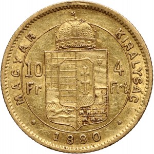 Hungary, Franz Joseph I, 4 Forint = 10 Francs 1880 KB, Kremnitz